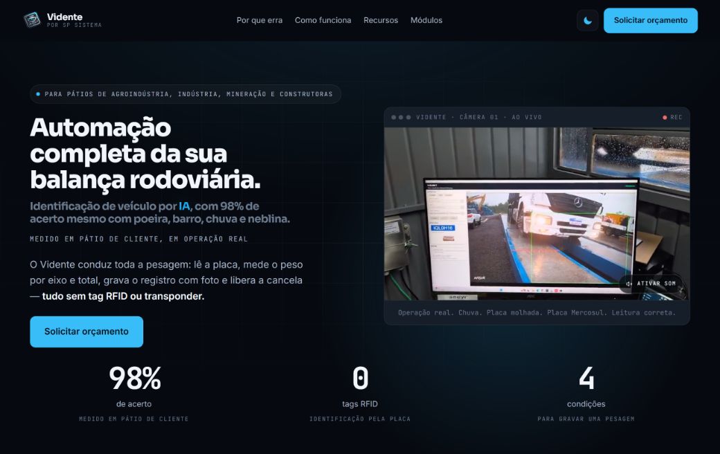 Landing page do Vidente por SP Sistema